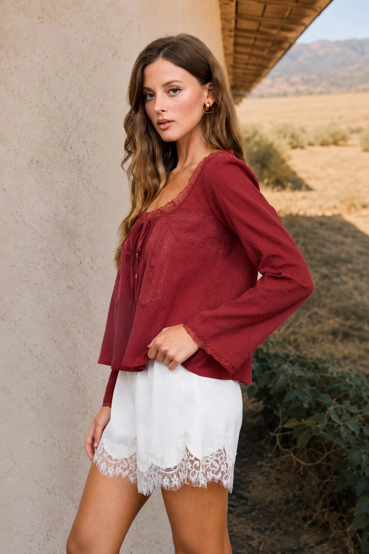 Lace Trim Long Sleeve Top