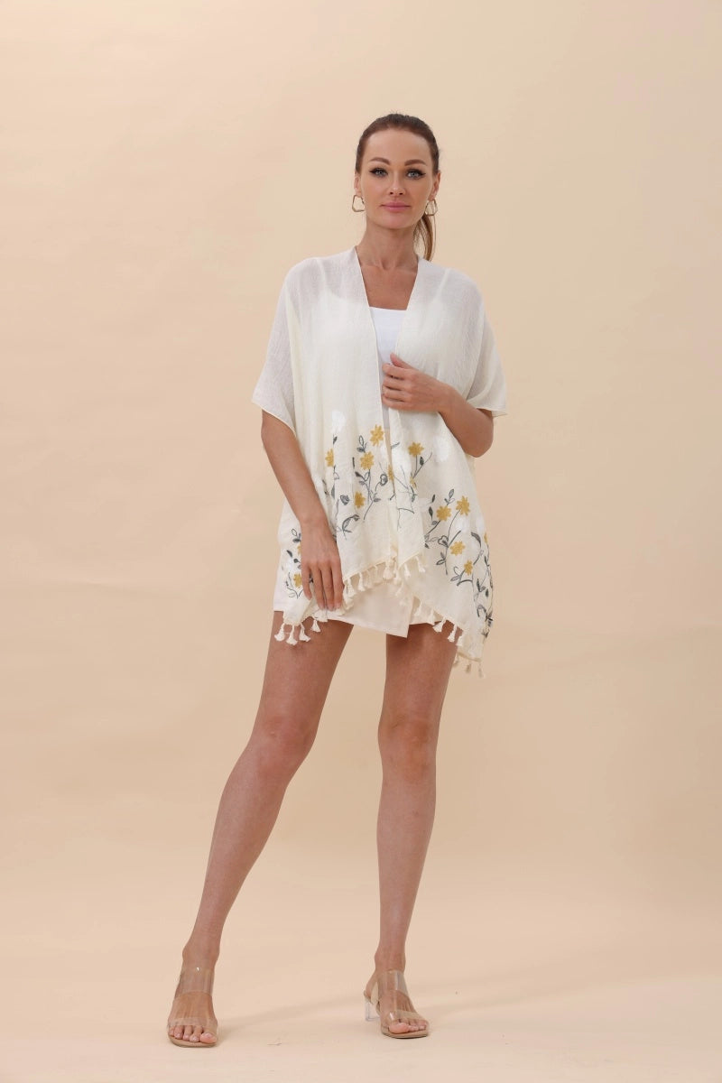 Floral Embroidered Kimono With Tassels