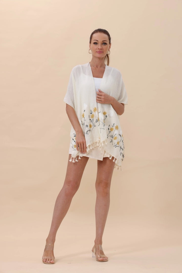 Floral Embroidered Kimono With Tassels