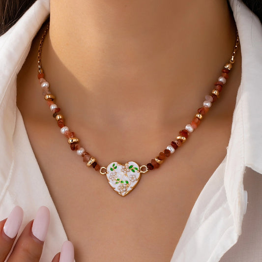 Floral Pearl Heart Charm Necklace