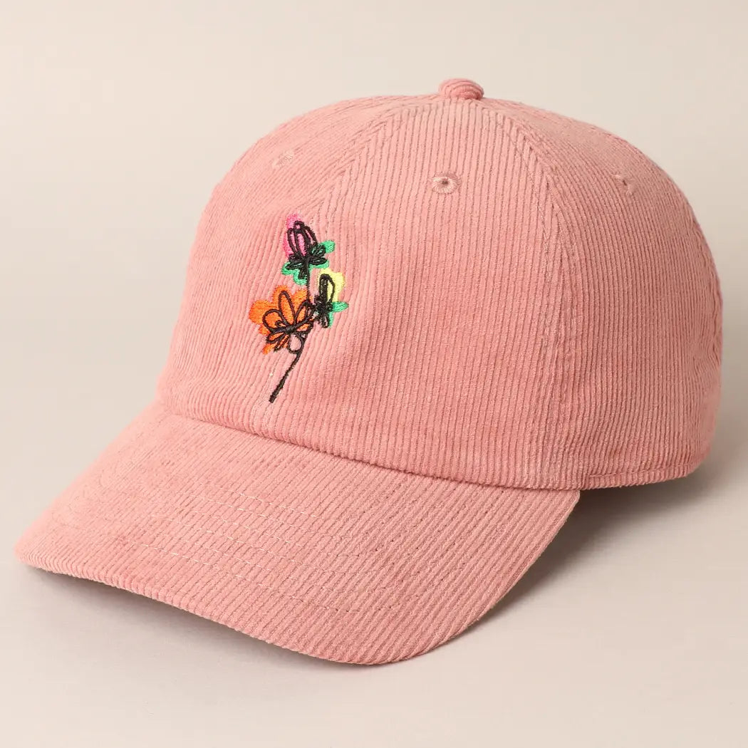 Floral Embroidered Corduroy Ball Cap
