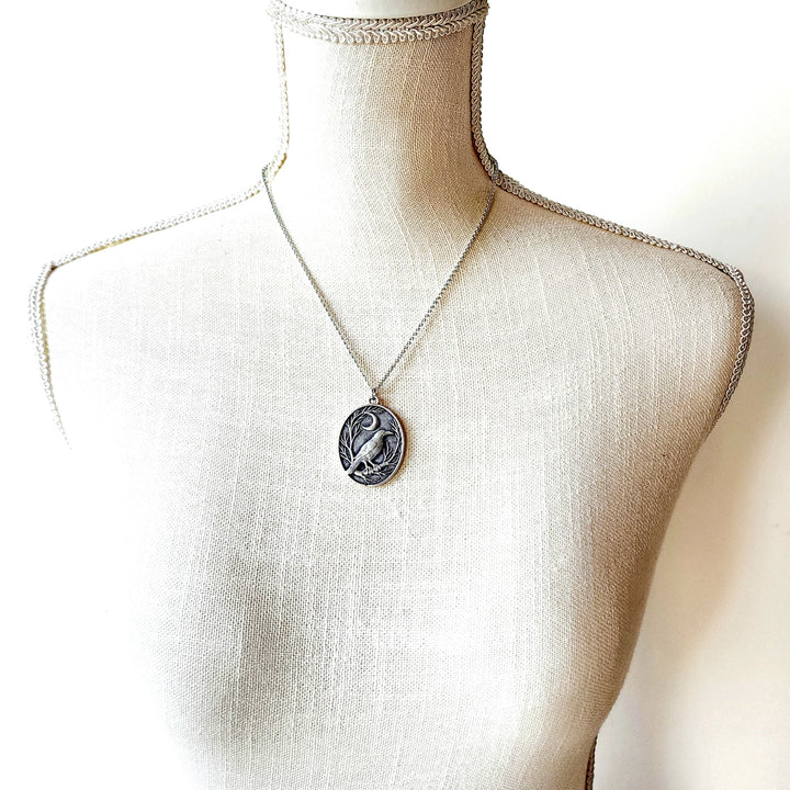 Raven + Crescent Moon Silver Pendant
