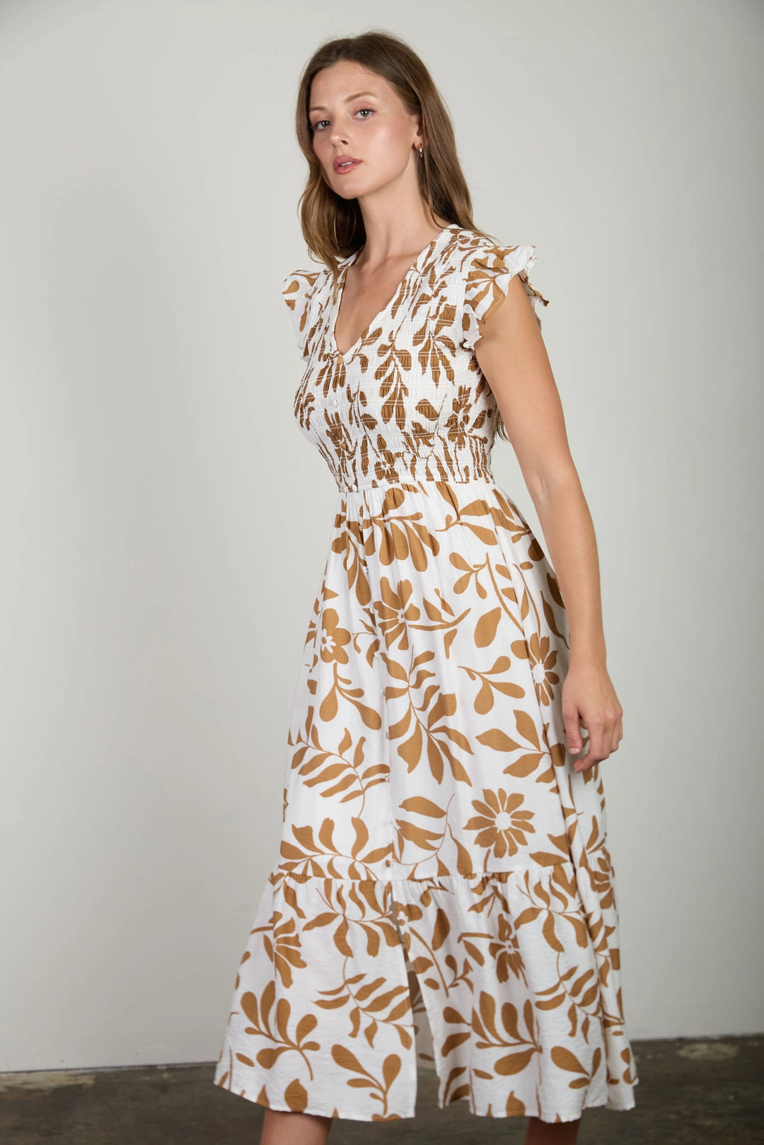 Smocked + Tiered Leaf Print Dress