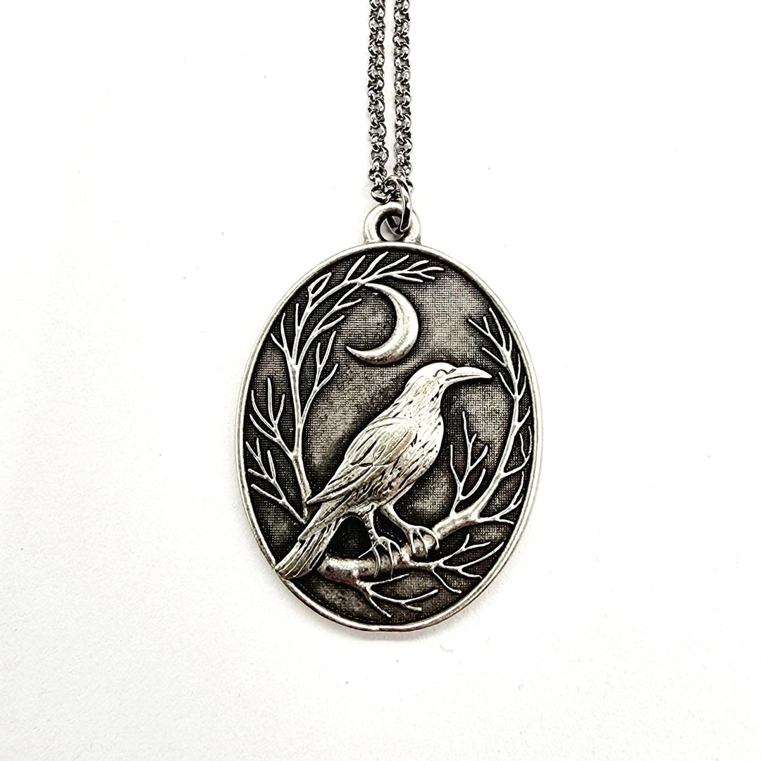 Raven + Crescent Moon Silver Pendant