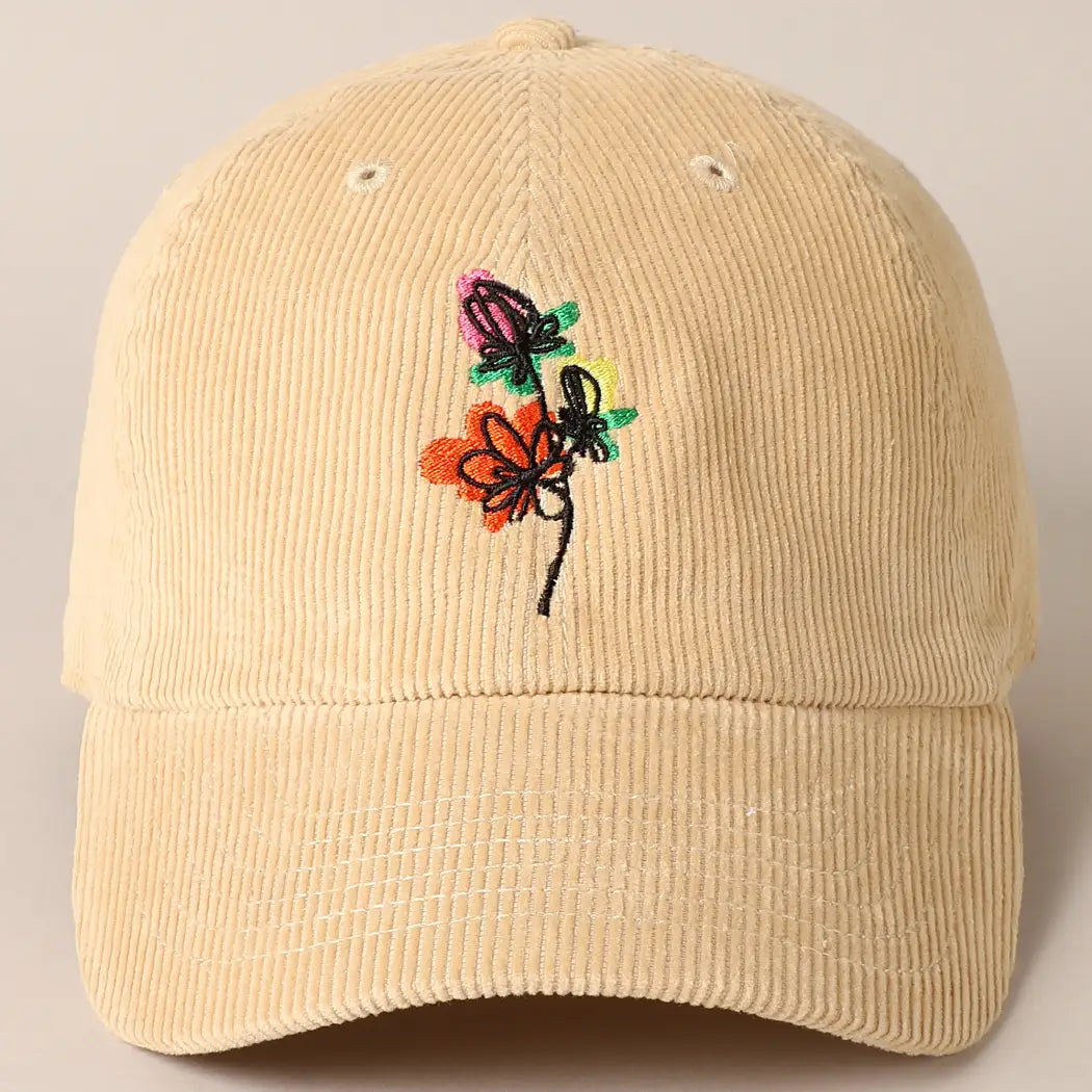 Floral Embroidered Corduroy Ball Cap