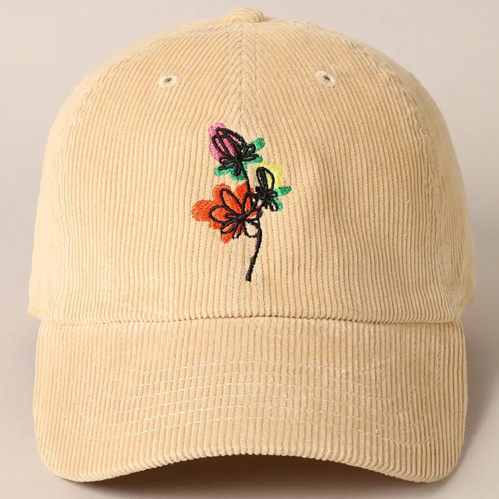 Floral Embroidered Corduroy Ball Cap