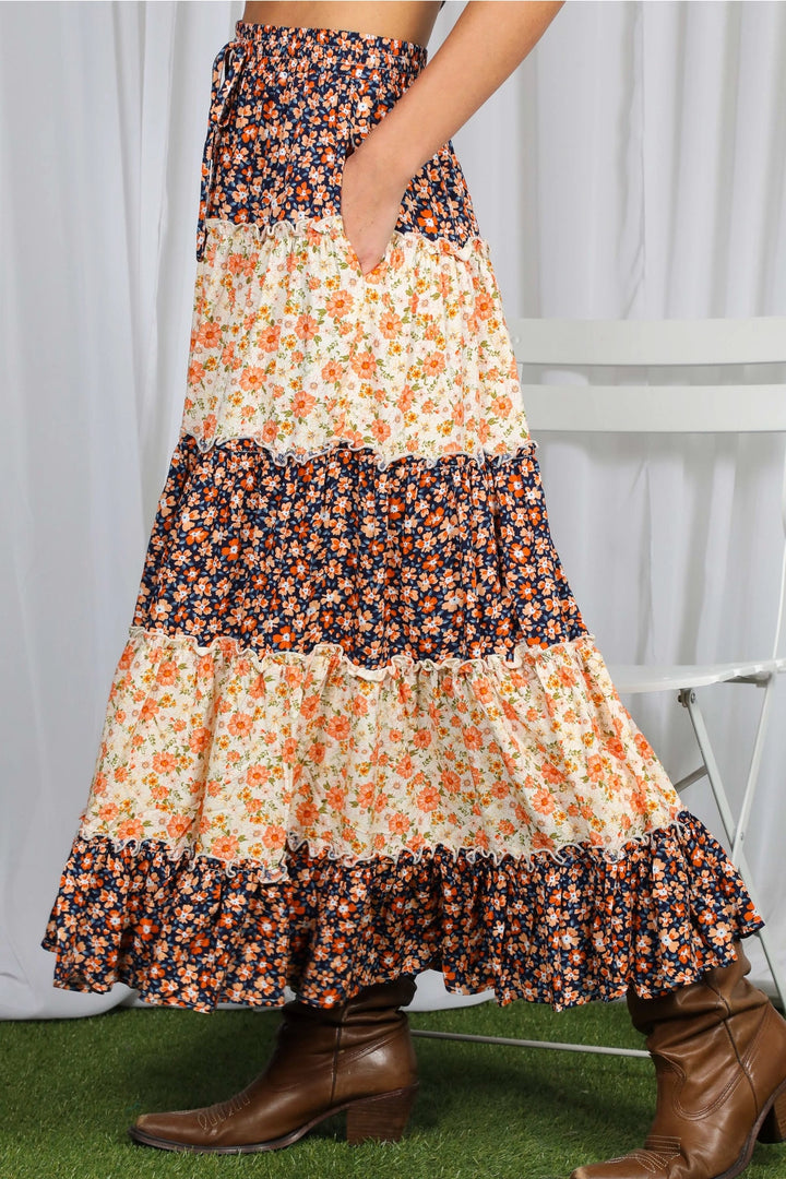 Colorblock Tiered Maxi Skirt