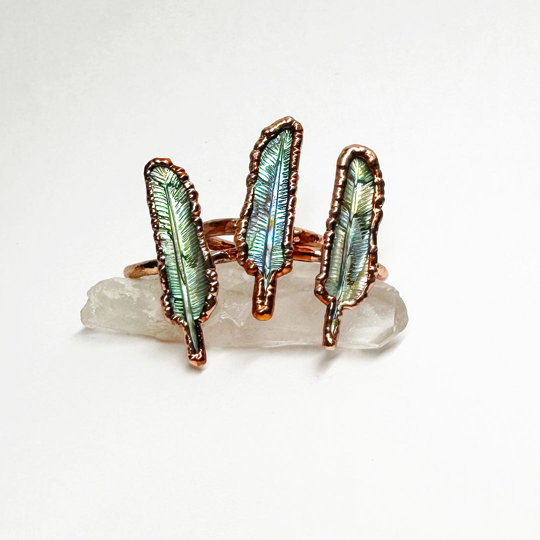 Carved Abalone Feather Ring