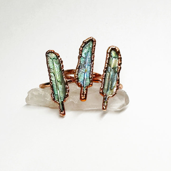 Carved Abalone Feather Ring