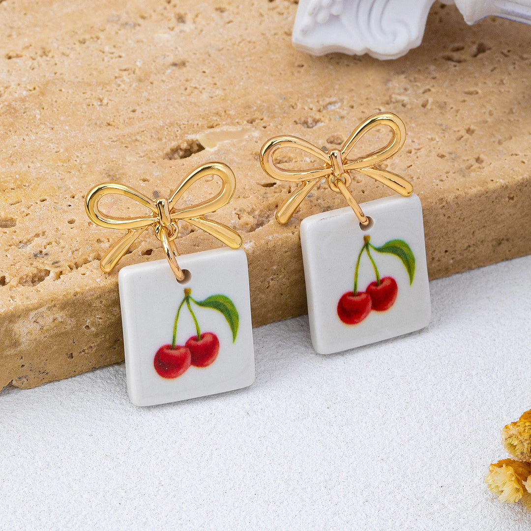 Gold Bow Drop Earrings - Cherry