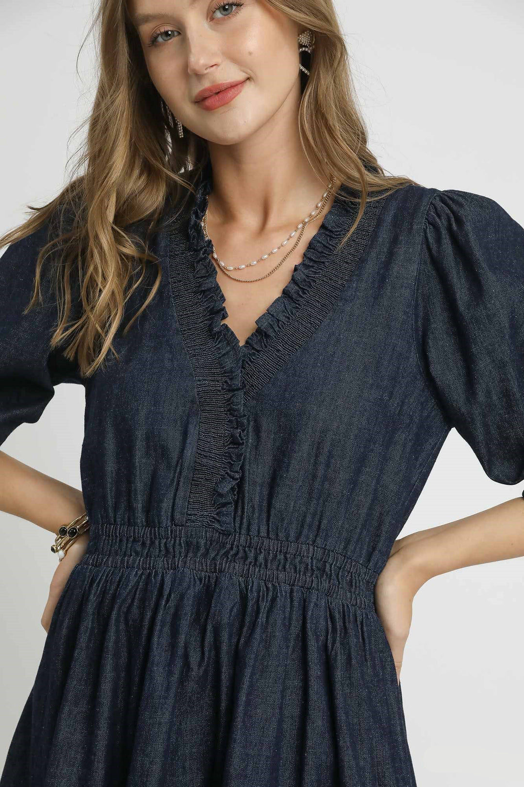 Ruffle Trim Denim Dress