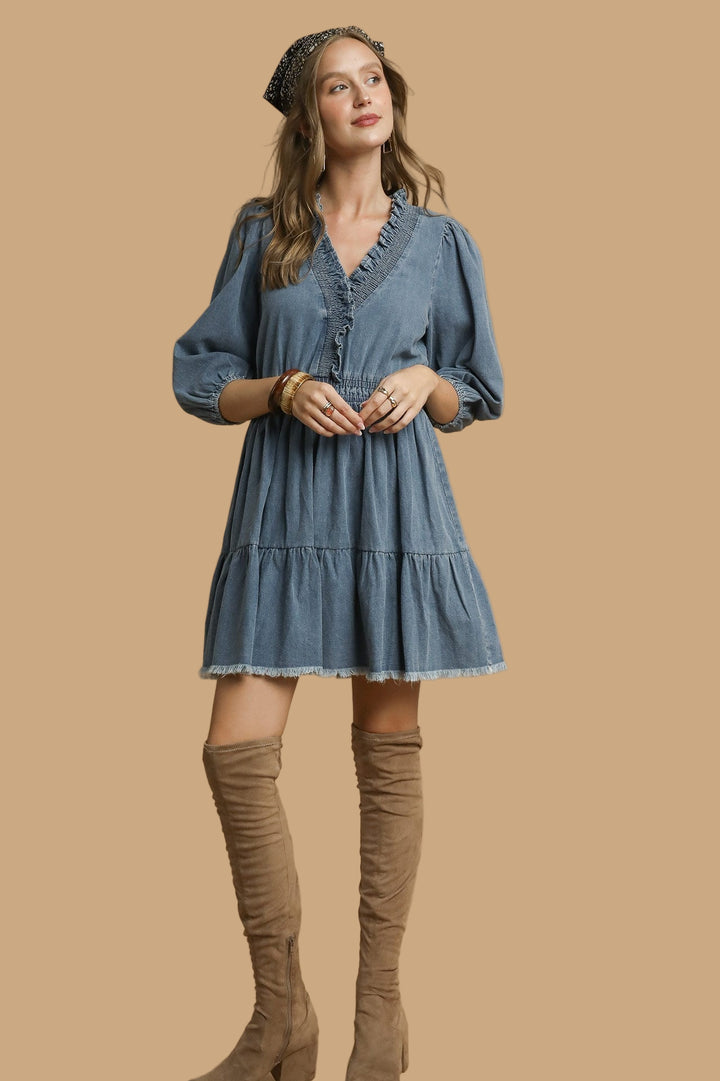 Ruffle Trim Denim Dress