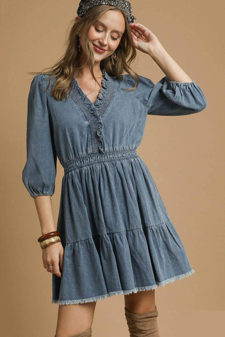 Ruffle Trim Denim Dress