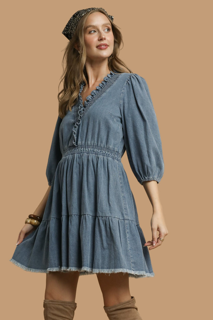 Ruffle Trim Denim Dress