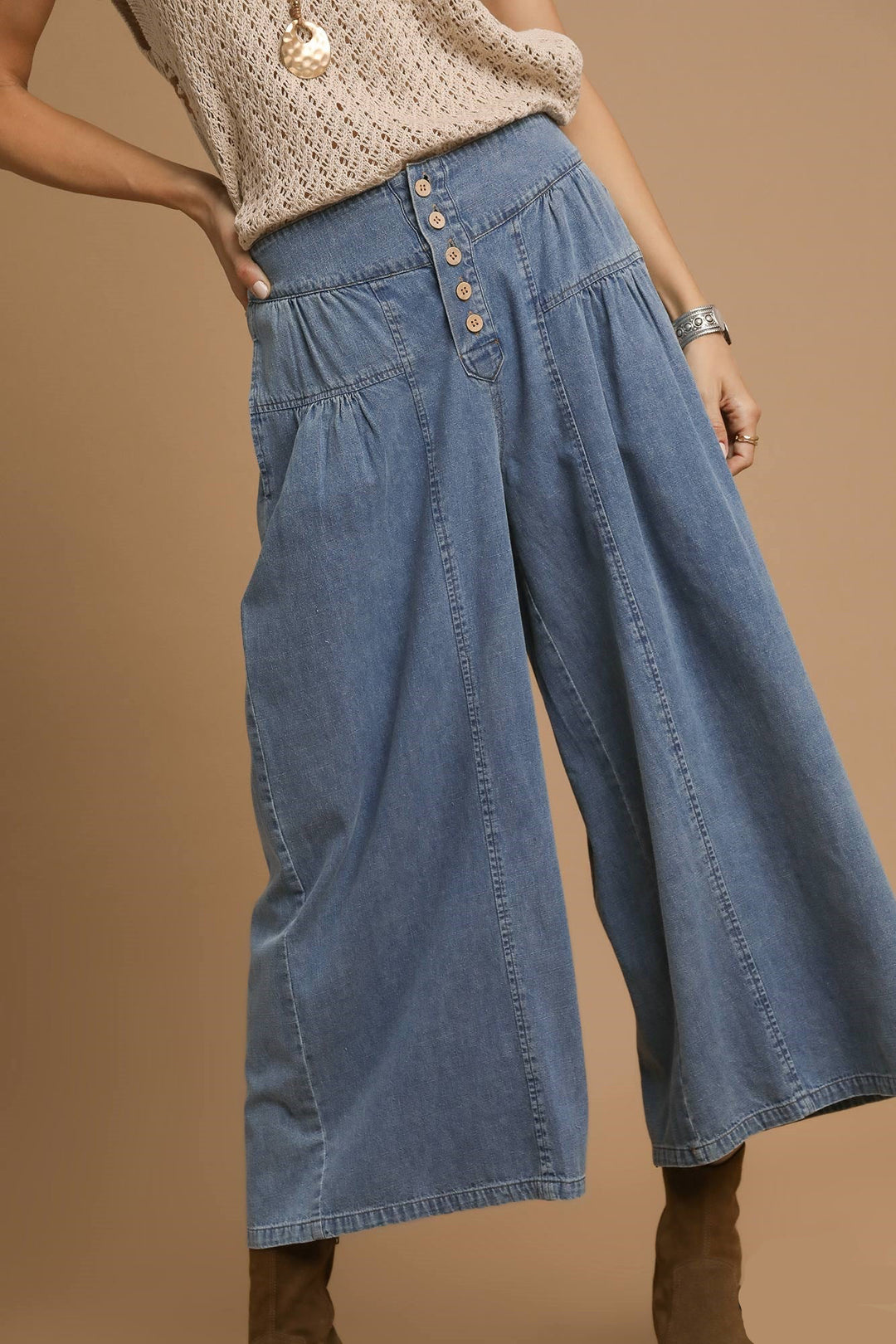 Button Front Denim Culottes