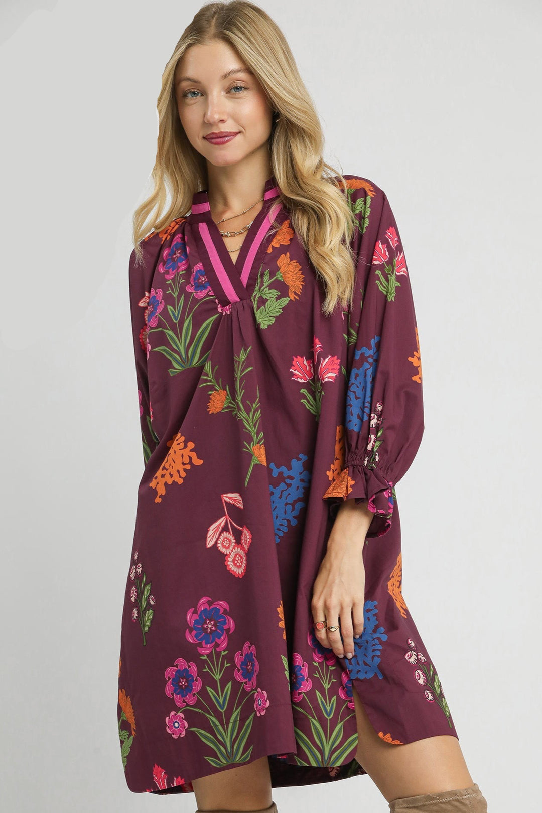 Floral Shift Dress W/ Contrast Trim