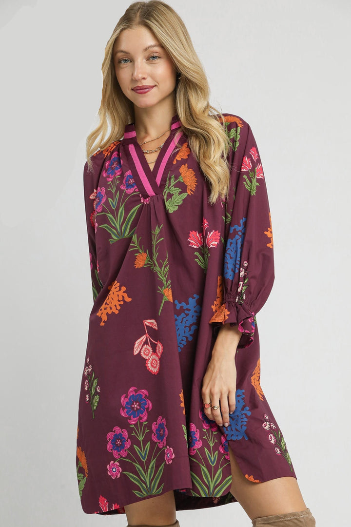 Floral Shift Dress W/ Contrast Trim