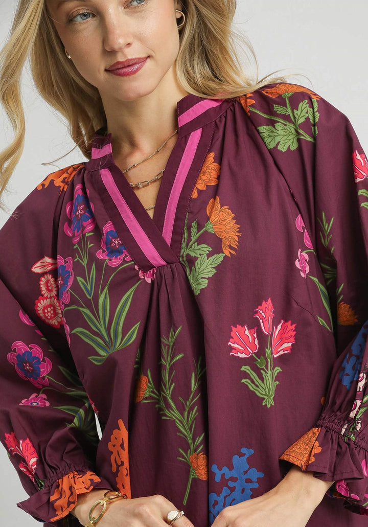 Floral Shift Dress W/ Contrast Trim