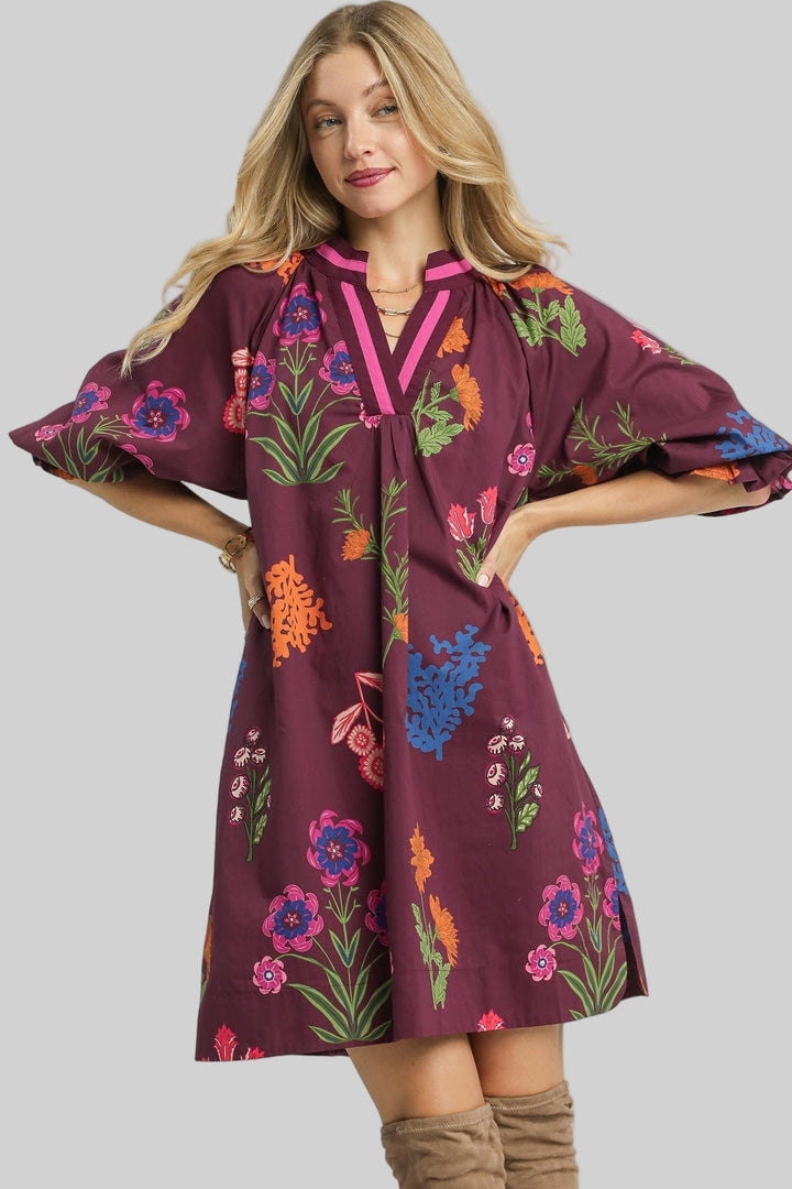 Floral Shift Dress W/ Contrast Trim