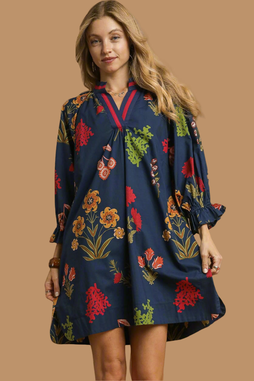 Floral Shift Dress W/ Contrast Trim