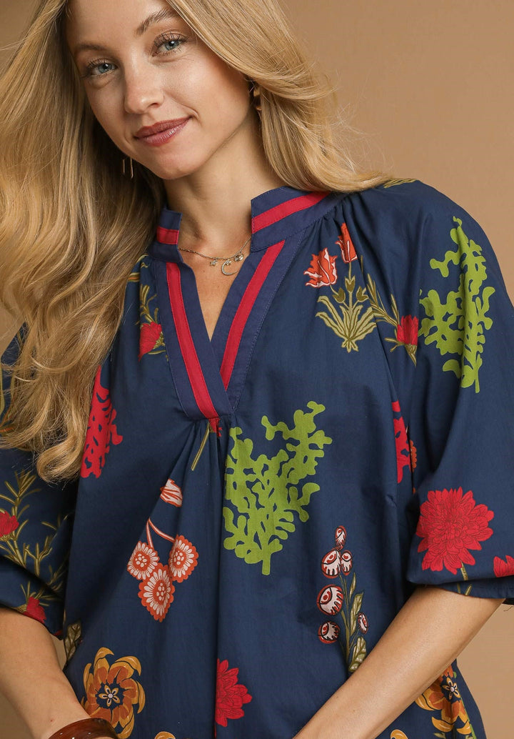 Floral Shift Dress W/ Contrast Trim