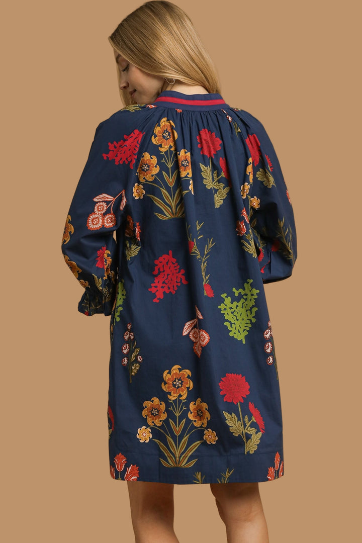 Floral Shift Dress W/ Contrast Trim