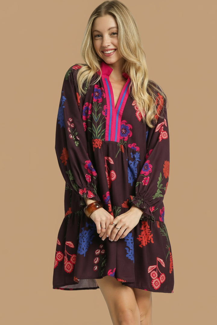 Contrast Trim Floral Mini Dress