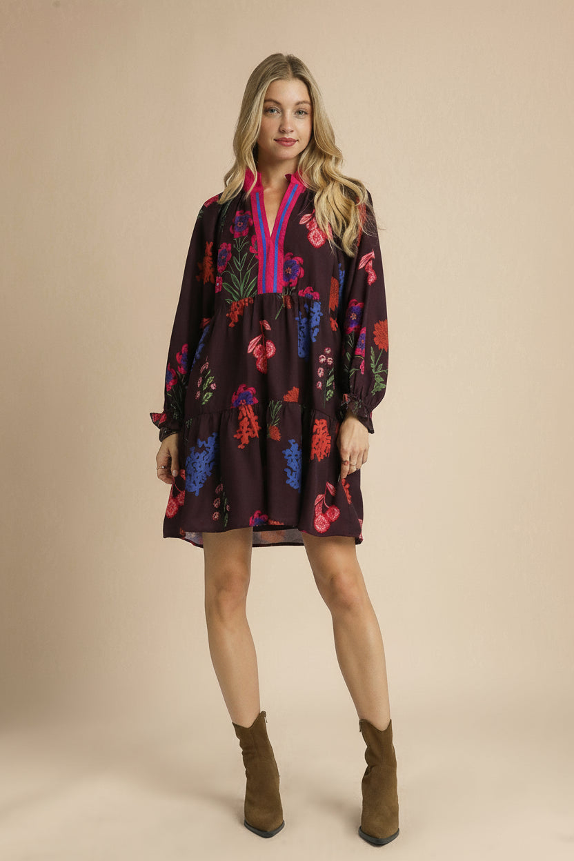 Contrast Trim Floral Mini Dress