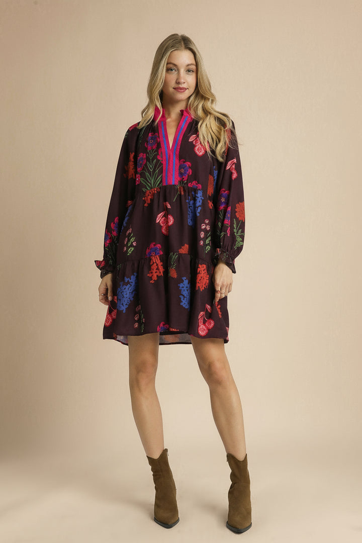 Contrast Trim Floral Mini Dress