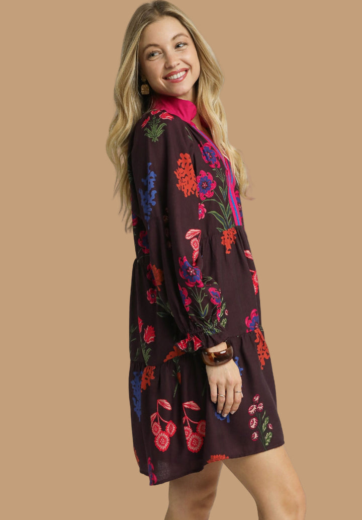 Contrast Trim Floral Mini Dress