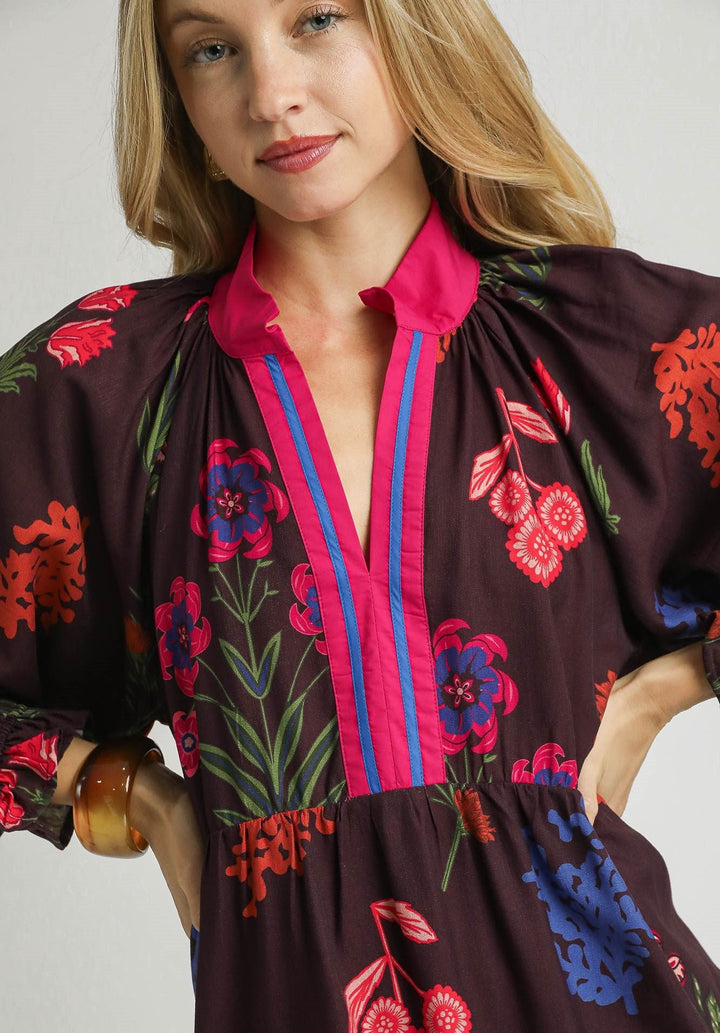 Contrast Trim Floral Mini Dress