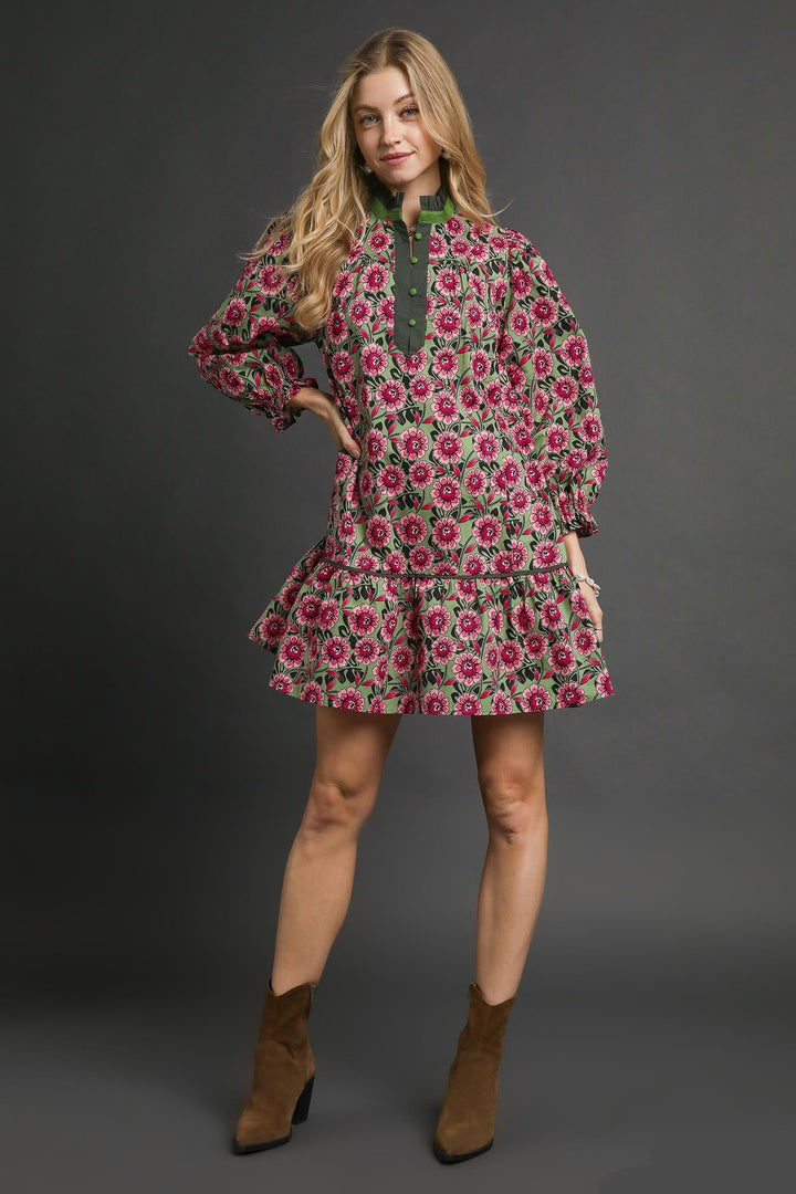 Sage Mix Contrast Trim Dress