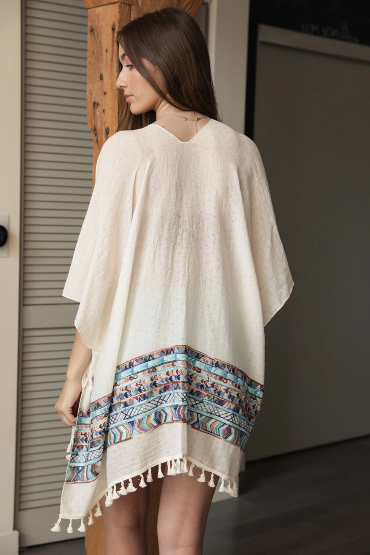Geometric Embroidered Kimono With Tassels
