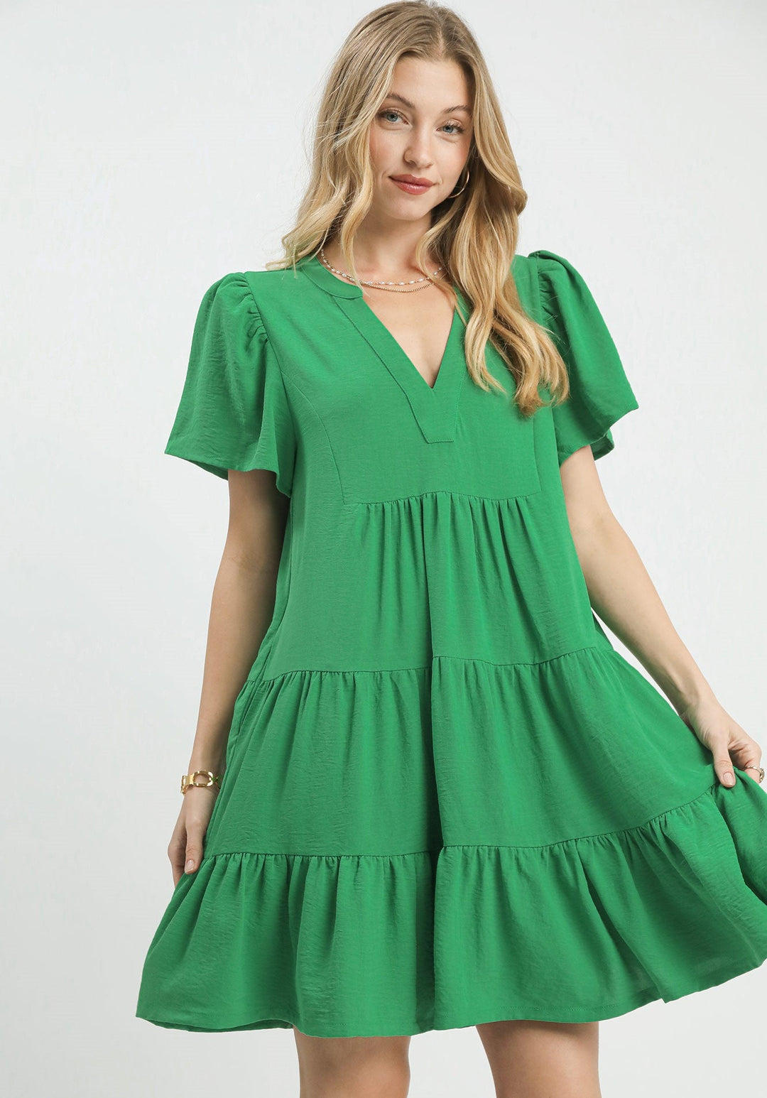 Tiered V-Neck Babydoll Dress Green / S