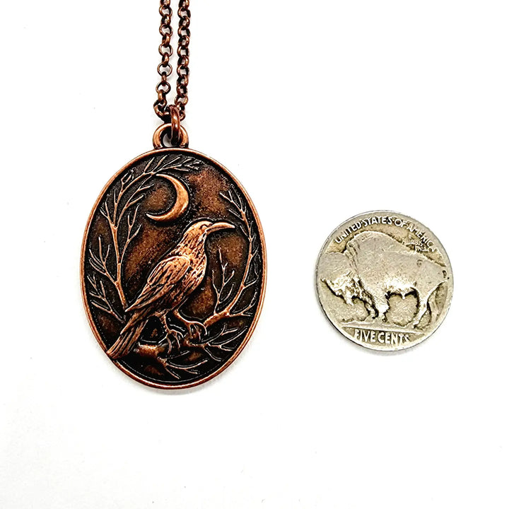 Raven + Crescent Moon Copper Pendant