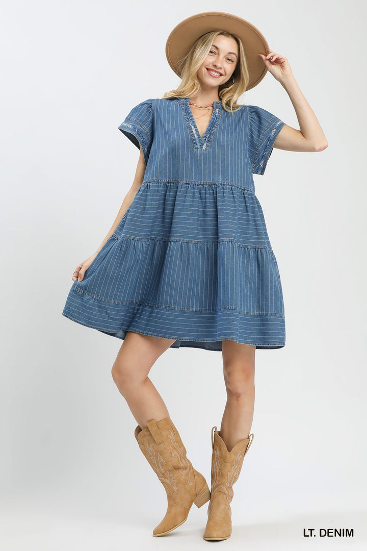Striped Chambray Babydoll Dress