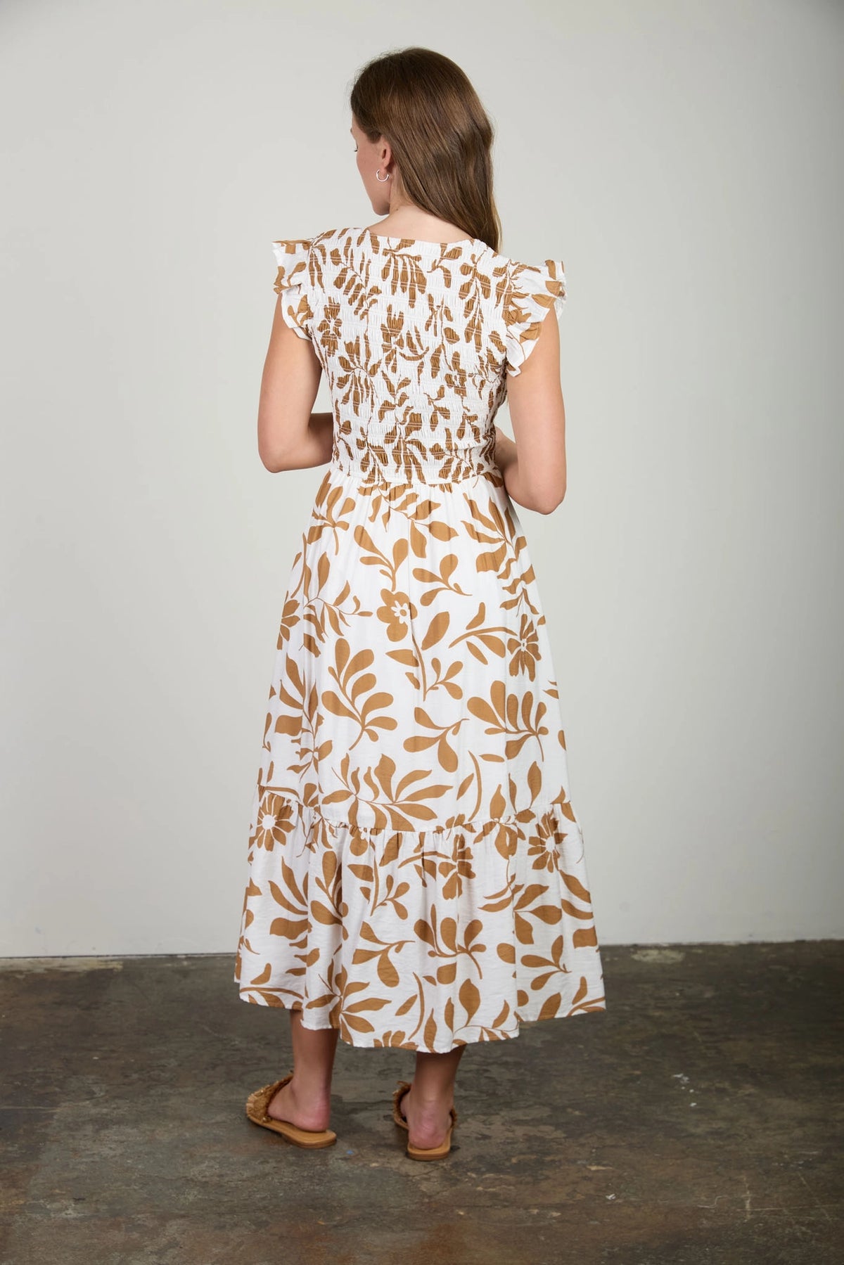 Smocked + Tiered Leaf Print Dress