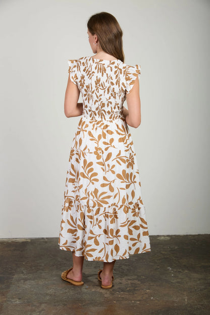 Smocked + Tiered Leaf Print Dress