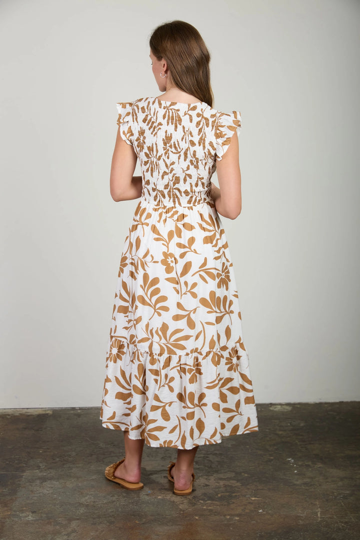 Smocked + Tiered Leaf Print Dress