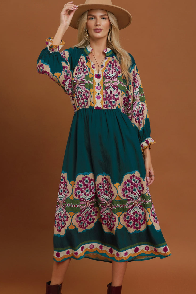 Boho Floral Border Print Midi Dress