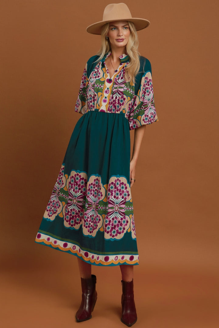 Boho Floral Border Print Midi Dress