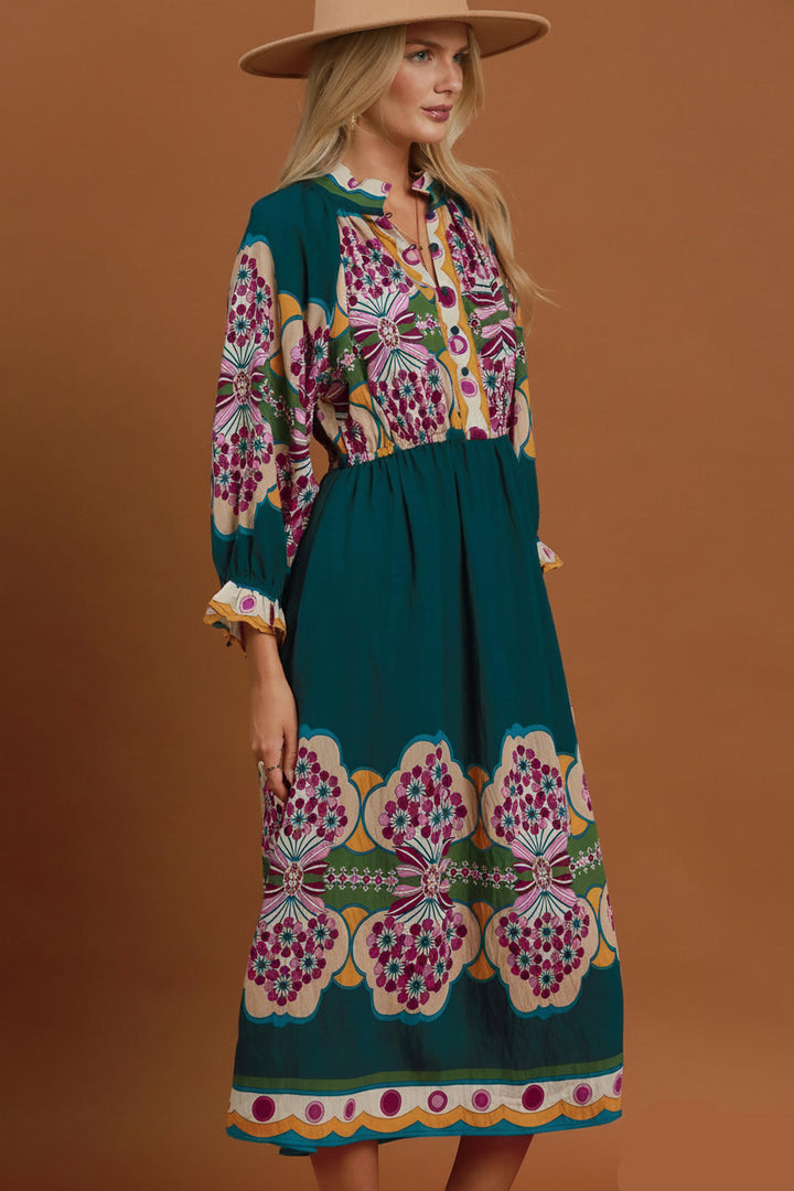 Boho Floral Border Print Midi Dress