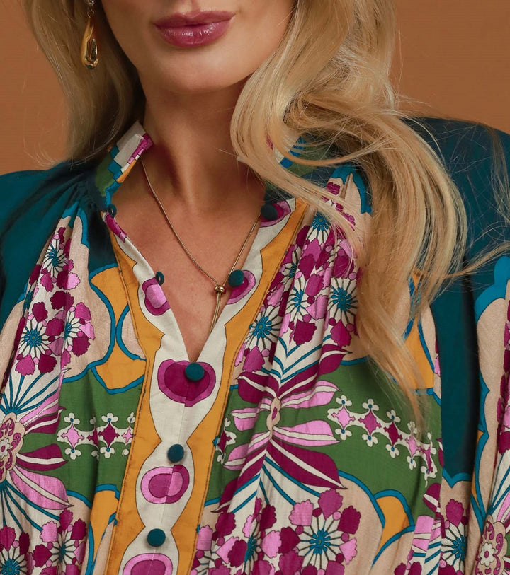 Boho Floral Border Print Midi Dress