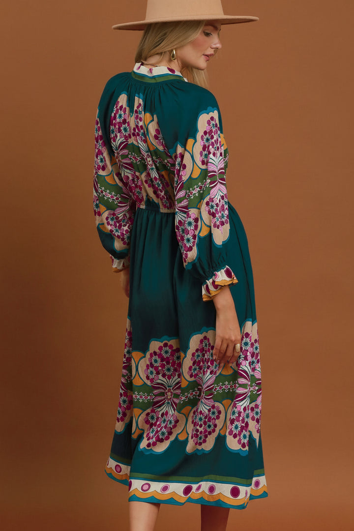 Boho Floral Border Print Midi Dress