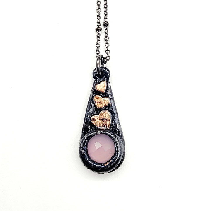 Gunmetal Rose Quartz + Hearts Necklace
