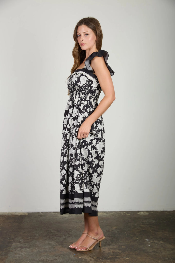 Black + White Floral Midi Dress