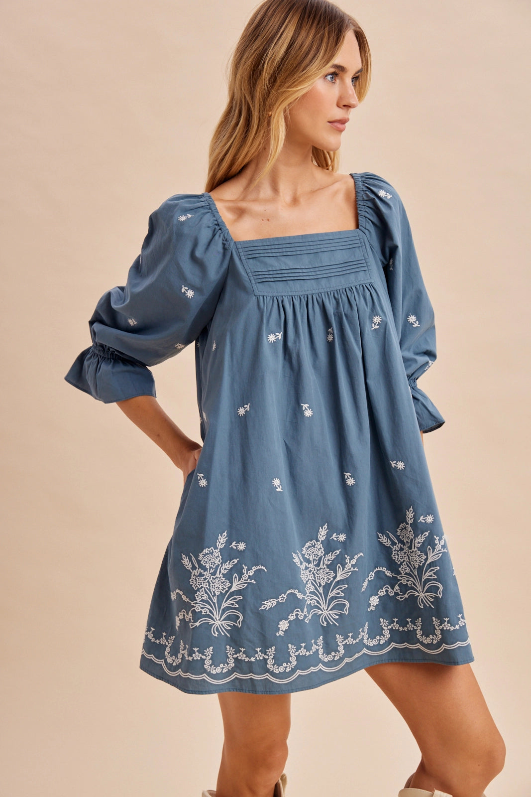 Pleat Detail Embroidered Mini Dress