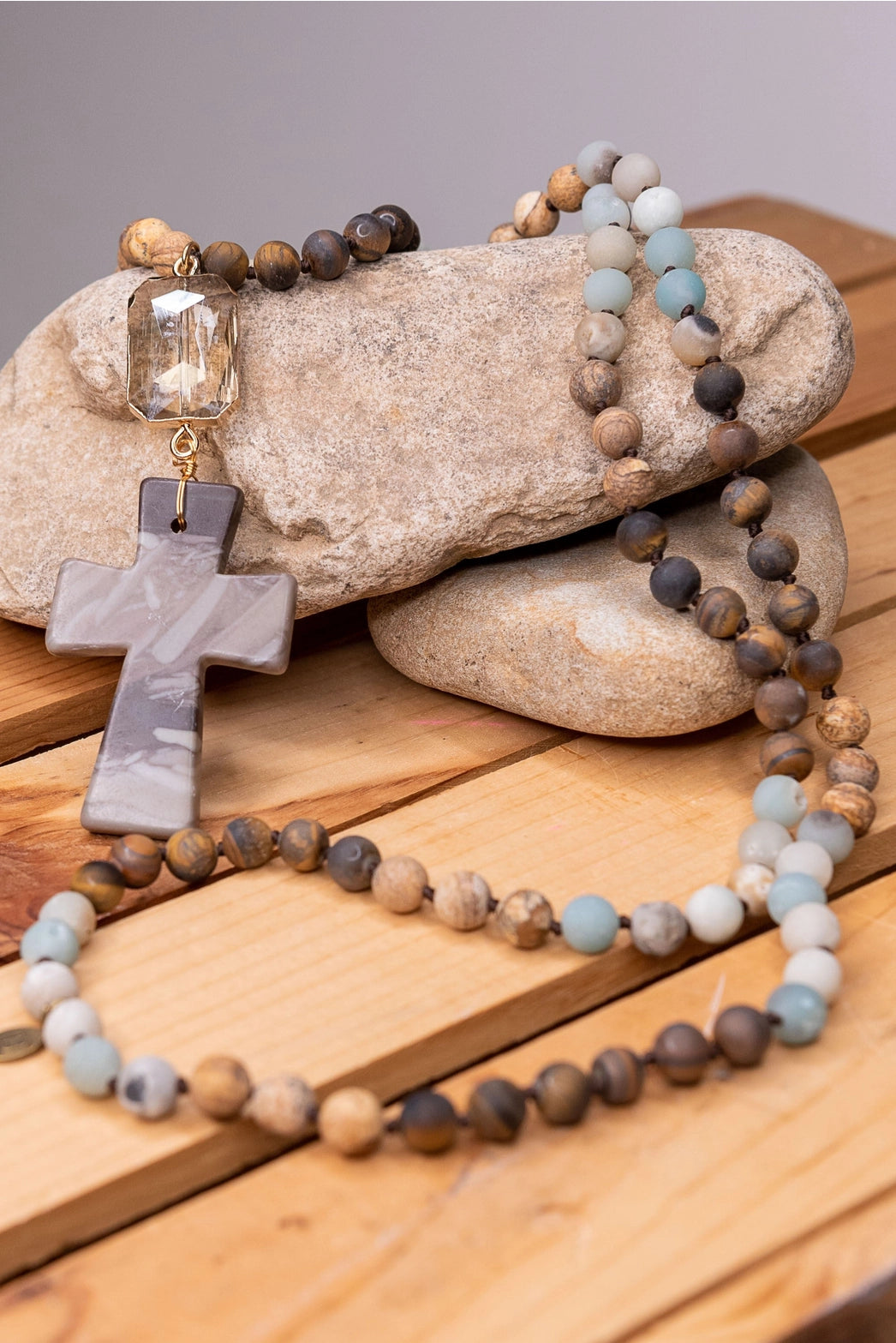Natural Stone  + Cross Necklace