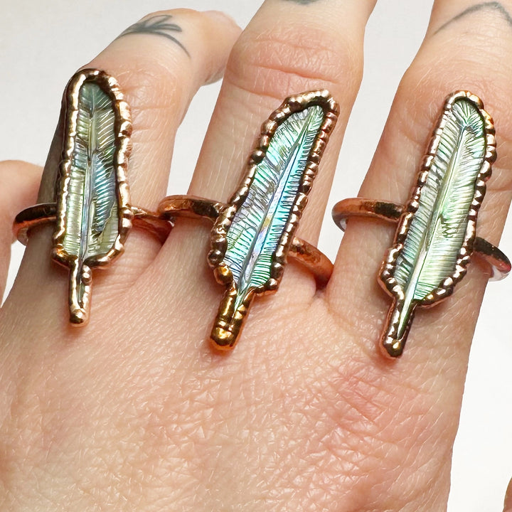 Carved Abalone Feather Ring