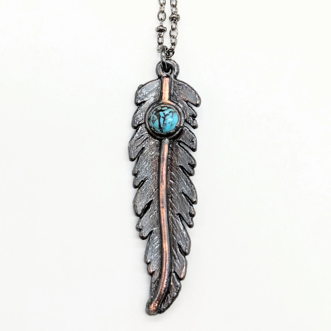 Gunmetal Feather Pendant W/ Turquoise